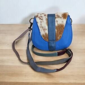 Job Clothing Women's Blue Leather Cowhide Flap Crossbody Bag Purse Boho Cowgirl